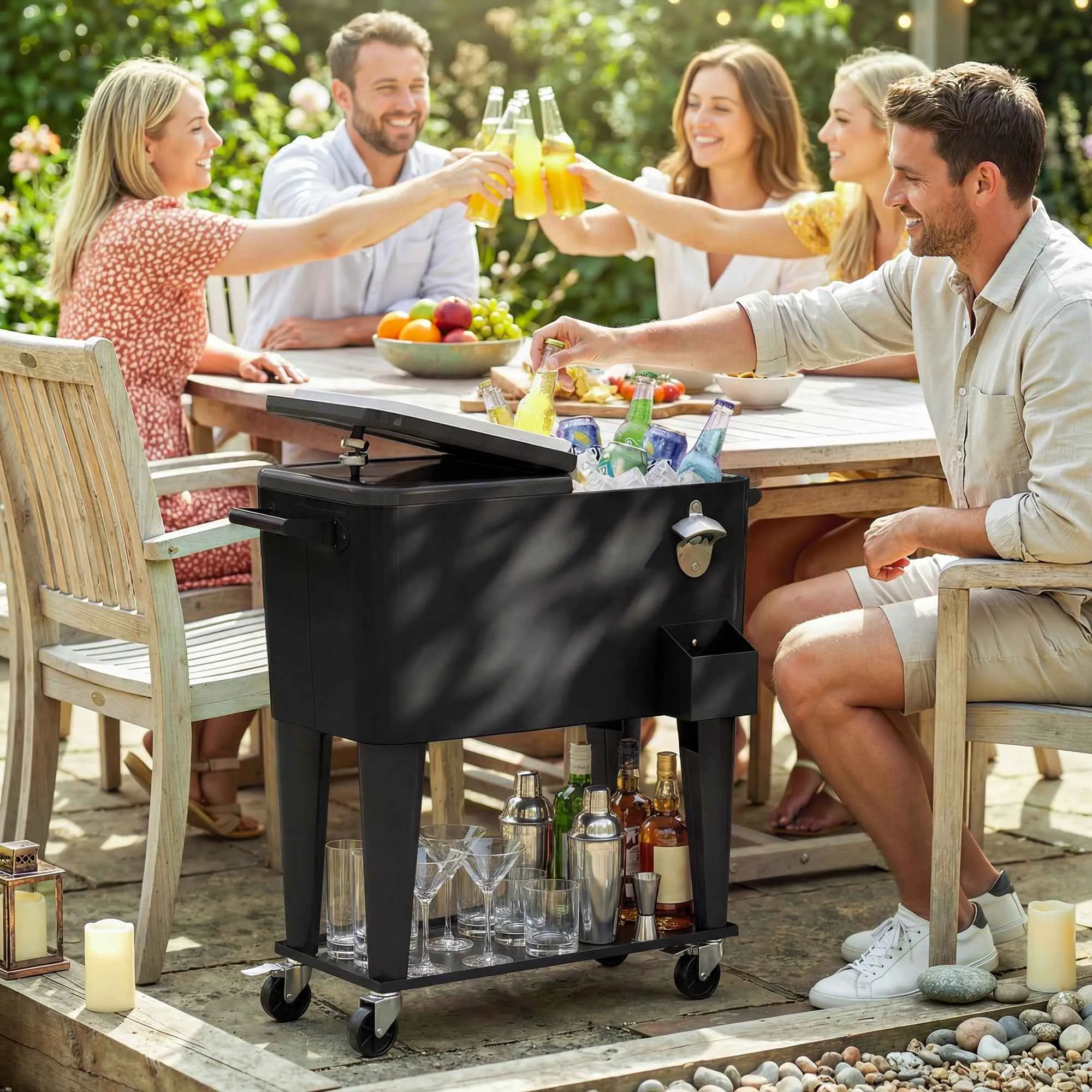 Outsunny 76L Refrigerator Cart with Shelf, Bottle Opener and Cap Collector, in Plastic and Steel, 91x39x84.5 cm, Black - Image 2