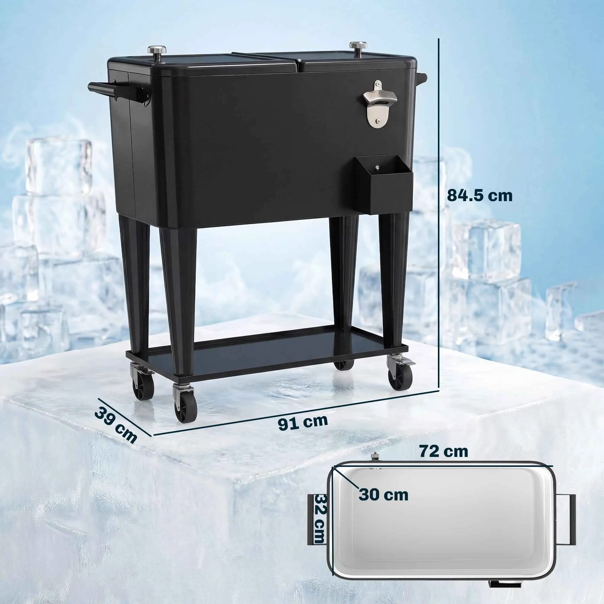 Outsunny 76L Refrigerator Cart with Shelf, Bottle Opener and Cap Collector, in Plastic and Steel, 91x39x84.5 cm, Black - Image 3