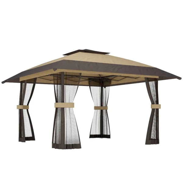 Outsunny 4x4m Folding Gazebo with 4 Side Mosquito Nets, Double Roof, and Sandbags, Khaki and Brown