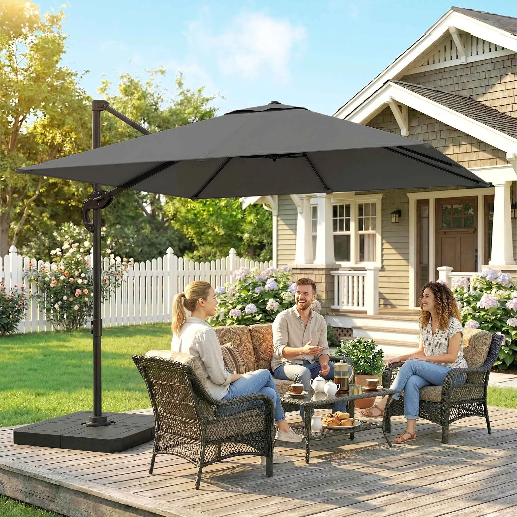 Outsunny 2.4x2.4m Hand Crank Garden Umbrella with Fillable and Rotating Base, Dark Grey - Image 2