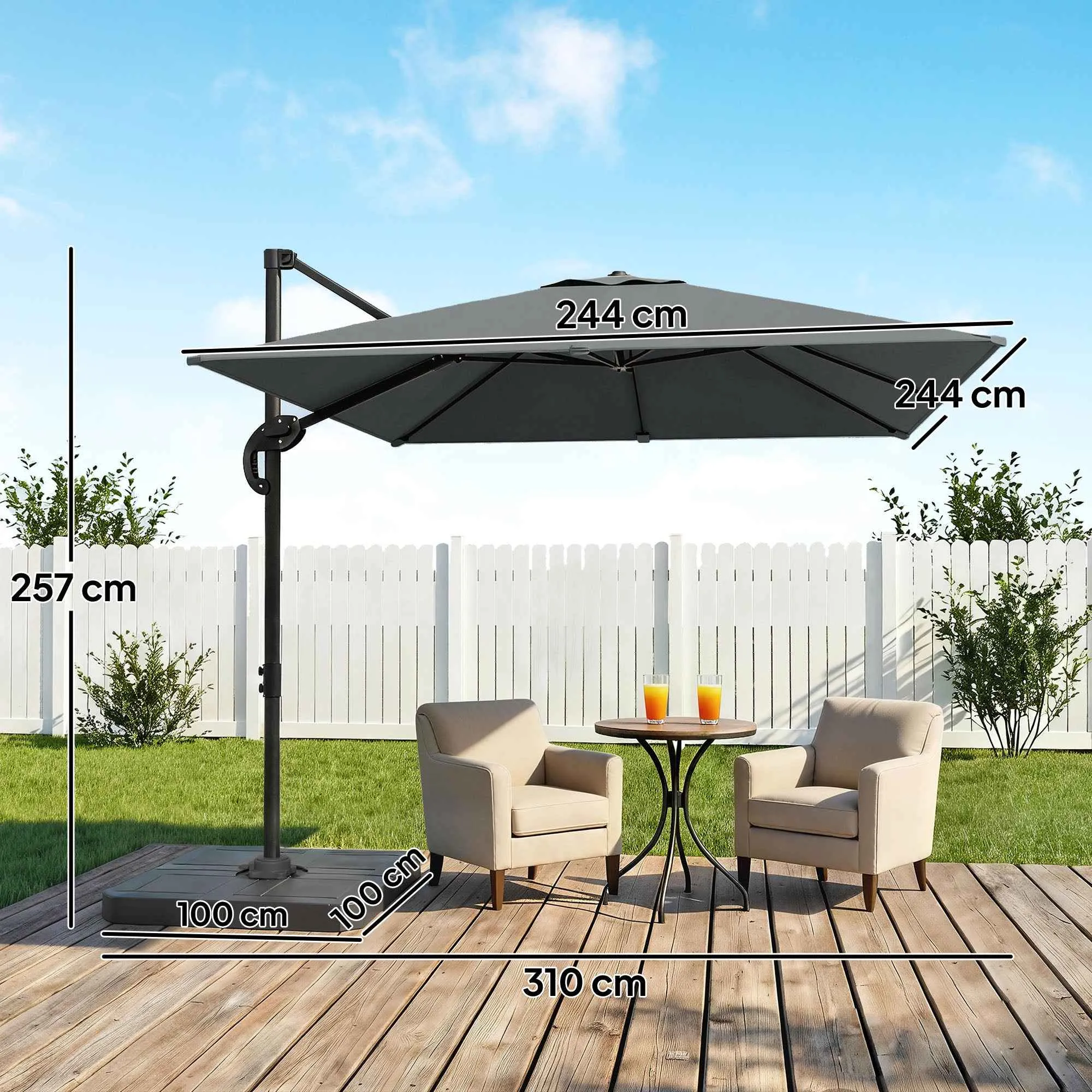 Outsunny 2.4x2.4m Hand Crank Garden Umbrella with Fillable and Rotating Base, Dark Grey - Image 3