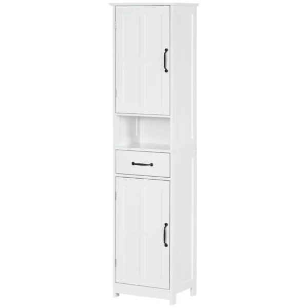 kleankin Wooden Bathroom Cabinet with Open Shelf, Drawer and 2 Cabinets, 40x30x164 cm, White