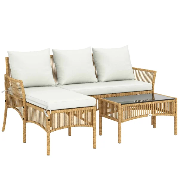 Outsunny 3-Piece Garden Set with Sofa, Chaise Longue and Coffee Table, Steel and PE Rattan, Cream