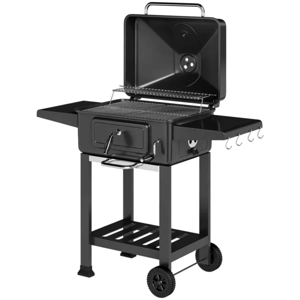 Outsunny Charcoal Barbecue, Portable Smoker with Ventilation, Thermometer and Side Shelves, Black