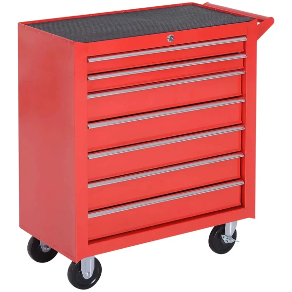 DURHAND Tool Cart with 7 Drawers, EVA Mats, Lock and 2 Keys, Wheels with Brakes, Handle, Red