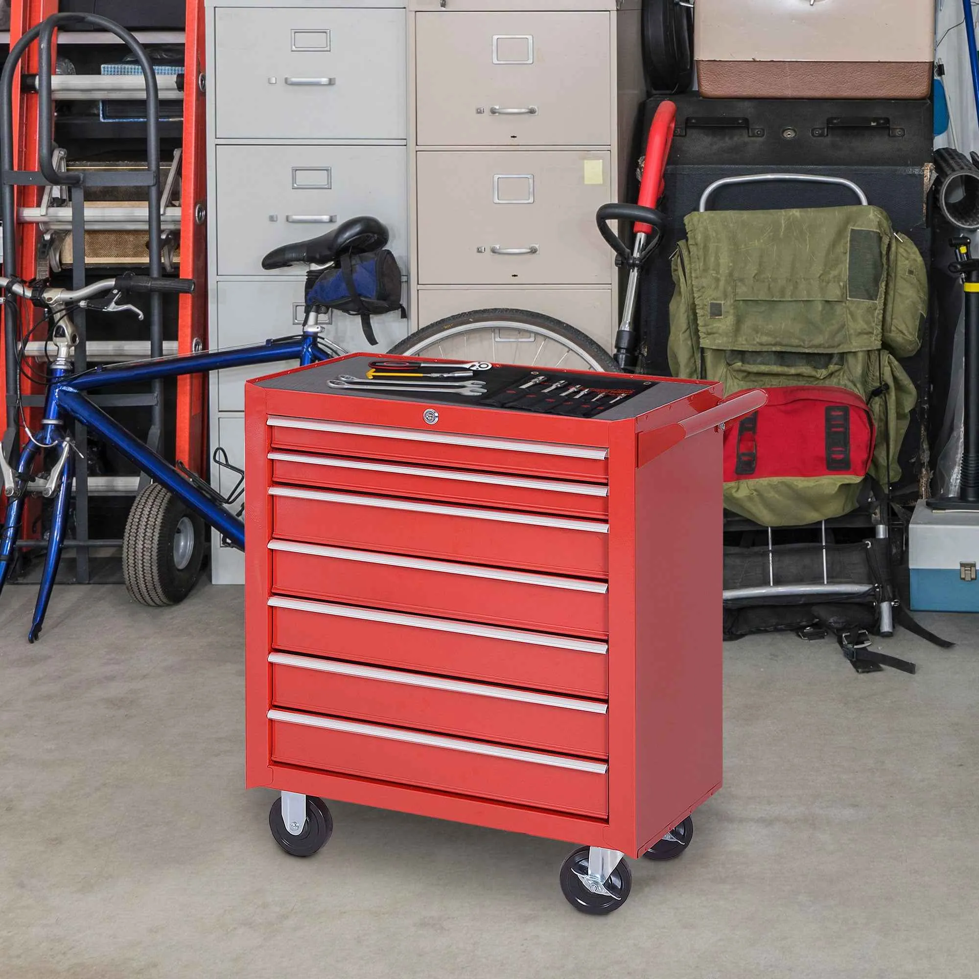DURHAND Tool Cart with 7 Drawers, EVA Mats, Lock and 2 Keys, Wheels with Brakes, Handle, Red - Image 2