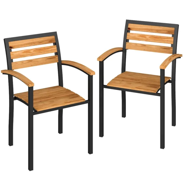 Outsunny Set of 2 Stackable Outdoor Chairs in Wood and Steel, Natural Wood Color