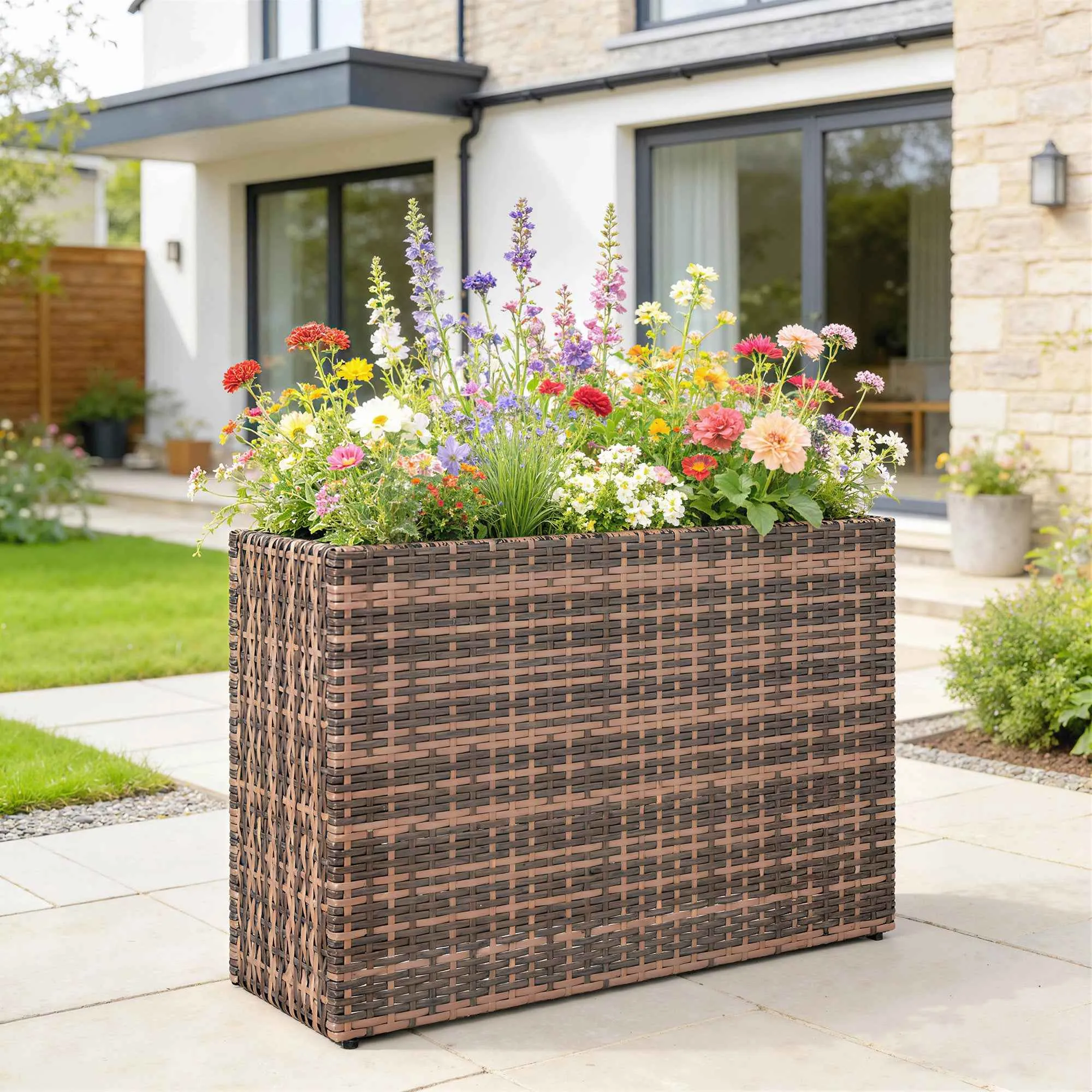 Outsunny 45L Outdoor Rattan Raised Garden Bed with Drainage Holes and Adjustable Feet, Brown - Image 2