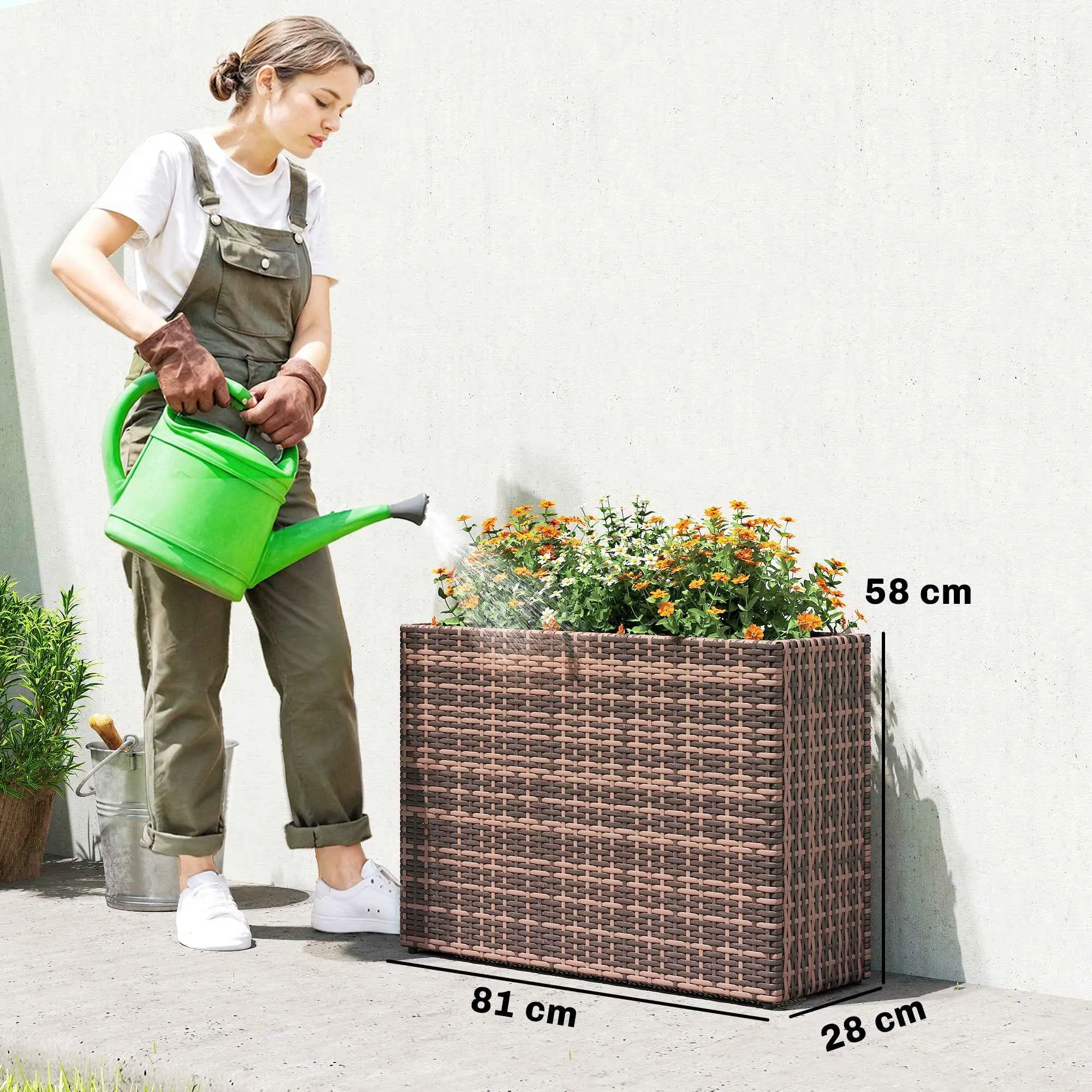 Outsunny 45L Outdoor Rattan Raised Garden Bed with Drainage Holes and Adjustable Feet, Brown - Image 3