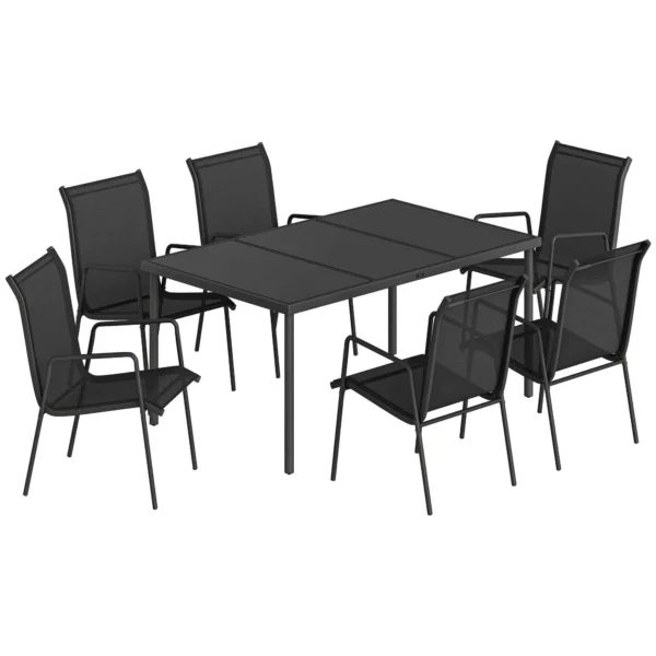 Outsunny 7-Piece Steel Outdoor Set with 6 Stackable Texteline Chairs and Glass-Top Coffee Table, Black