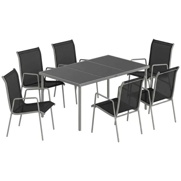 Outsunny 7-Piece Outdoor Set with 6 Stackable Texteline Chairs and Glass-Top Coffee Table, Black and Silver