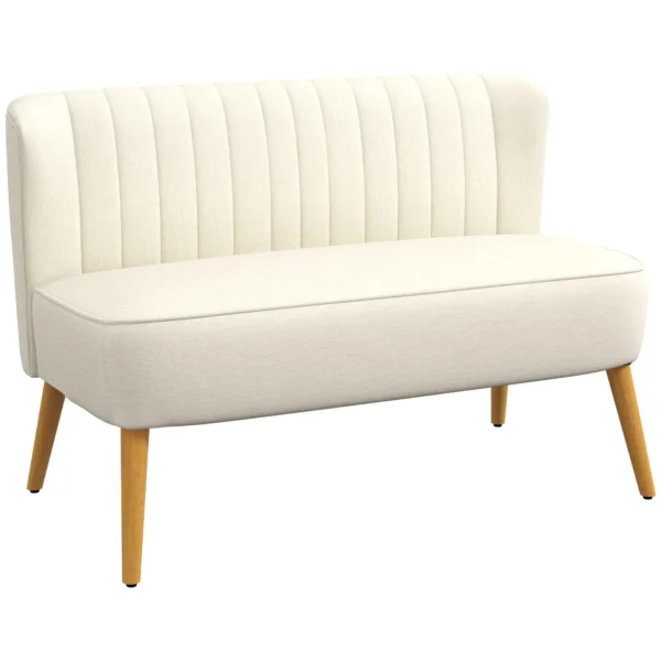 2-Seater Sofa in Linen-Effect Fabric without Armrests with Wooden Legs, 117x56.5x77 cm, Cream White