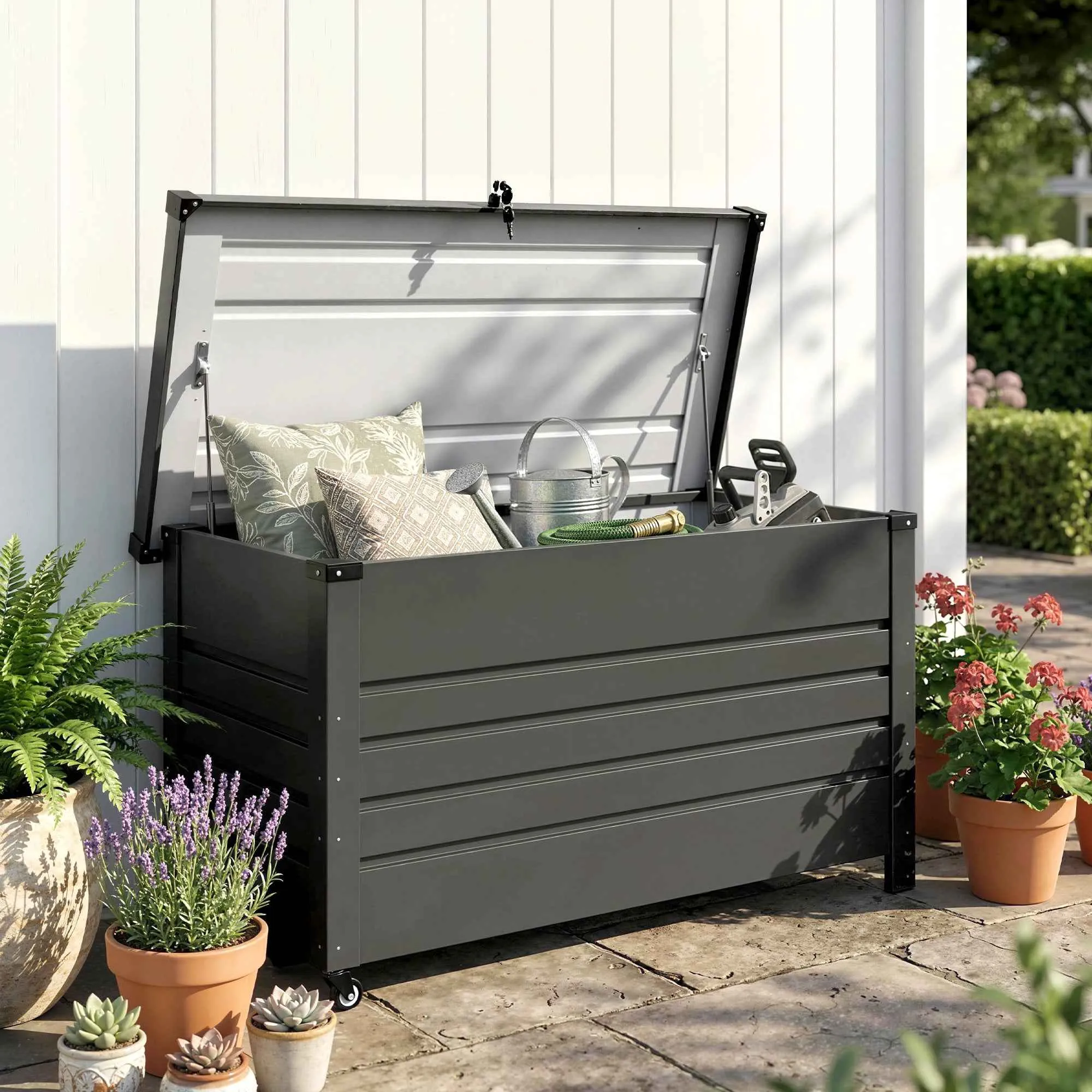 Outsunny 350L Metal Storage Box with Lockable Lid, Wheels, Side Handles, Grey - Image 2