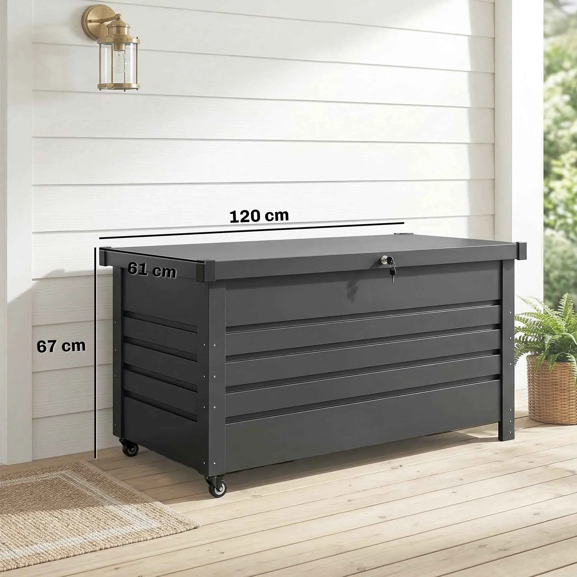Outsunny 350L Metal Storage Box with Lockable Lid, Wheels, Side Handles, Grey - Image 3