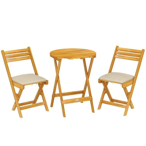 Outsunny Outdoor Bistro Set: 2 Folding Chairs and Round Table, Natural Wood.