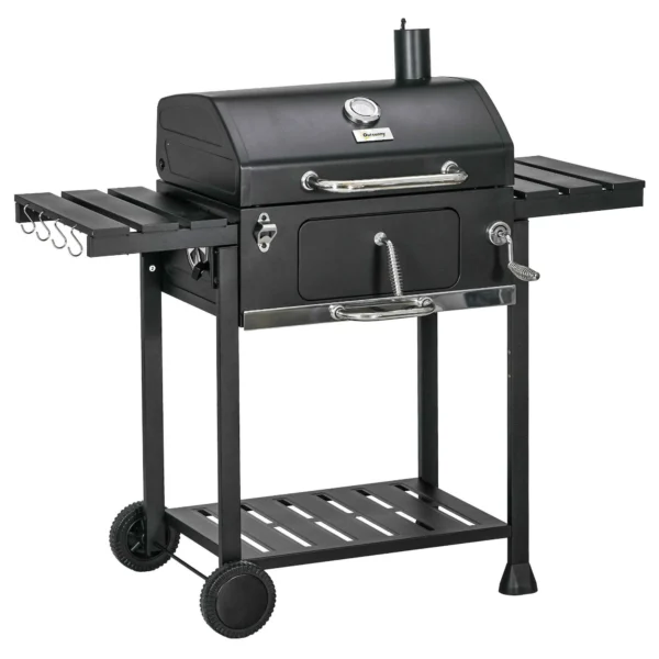 Outsunny Charcoal Barbecue with Lid, Thermometer, Adjustable Grill, Wheels and Side Tables, Black