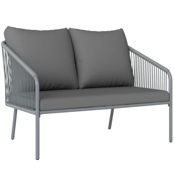 Outsunny 2-Seater Boho Style Sofa with Removable Cushions and Armrests, in Steel and PE Rattan, 112x72x76 cm, Grey