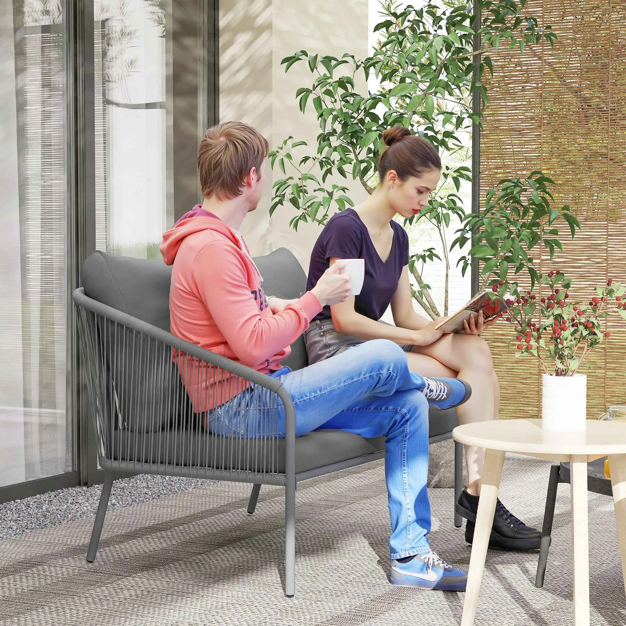 Outsunny 2-Seater Boho Style Sofa with Removable Cushions and Armrests, in Steel and PE Rattan, 112x72x76 cm, Grey - Image 2