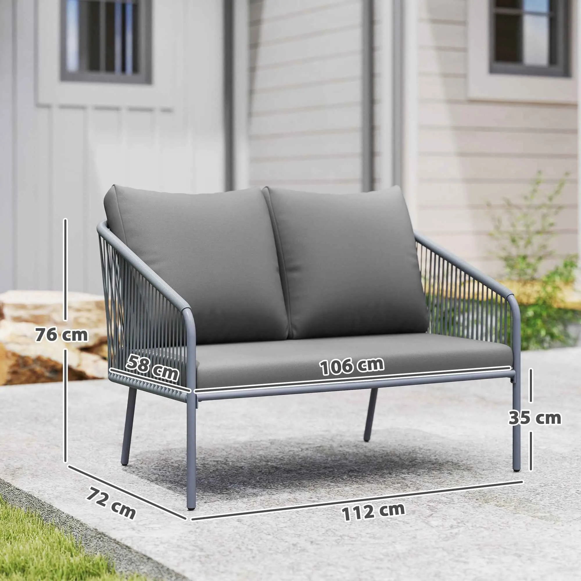 Outsunny 2-Seater Boho Style Sofa with Removable Cushions and Armrests, in Steel and PE Rattan, 112x72x76 cm, Grey - Image 3