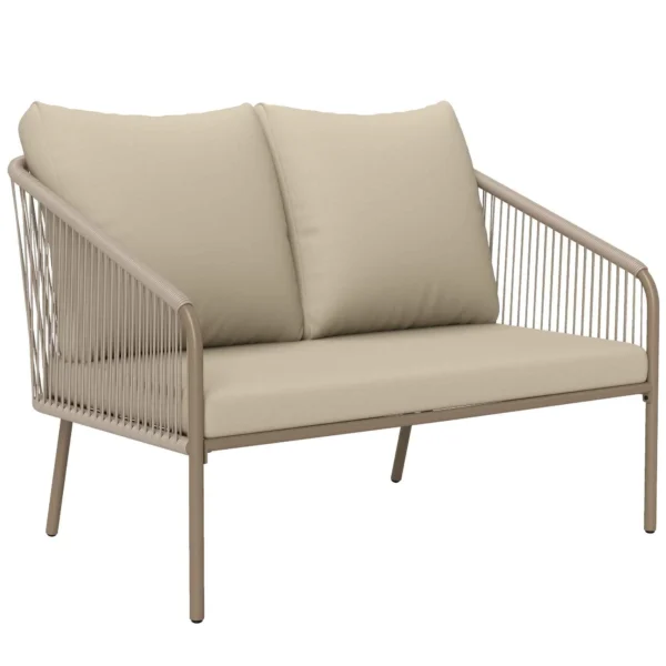 Outsunny 2-Seater Boho Style Garden Sofa in PE Rattan and Steel with Cushions, 112x72x76, Beige