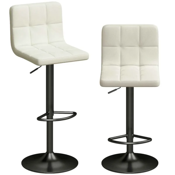 Set of 2 Adjustable Bar Stools with Footrest, PU Leather and Steel, 39.5x44x88-110 cm, Cream