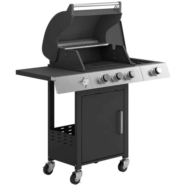 Outsunny Gas Barbecue with 3 Burners and Side Burner, 109x50x109 cm, Black