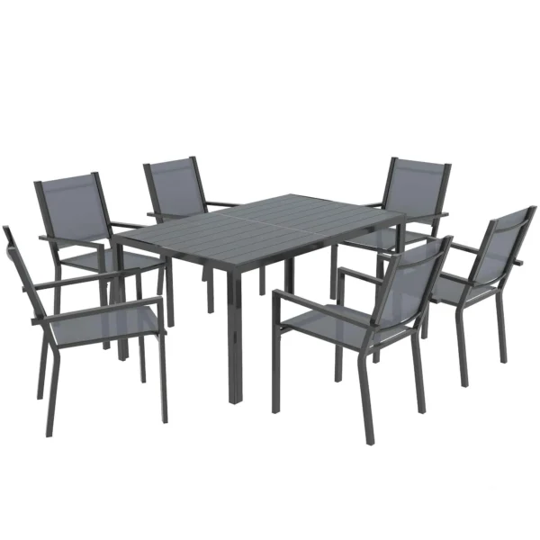 Outsunny 7-Piece Garden Set with Slatted Table and 6 Stackable Chairs, in Steel and Texteline, Grey