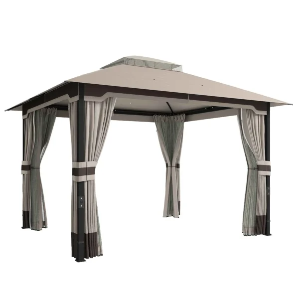 Outsunny Gazebo 3x3.6m with Mosquito Net, Curtains, Double-Layer Roof, Khaki