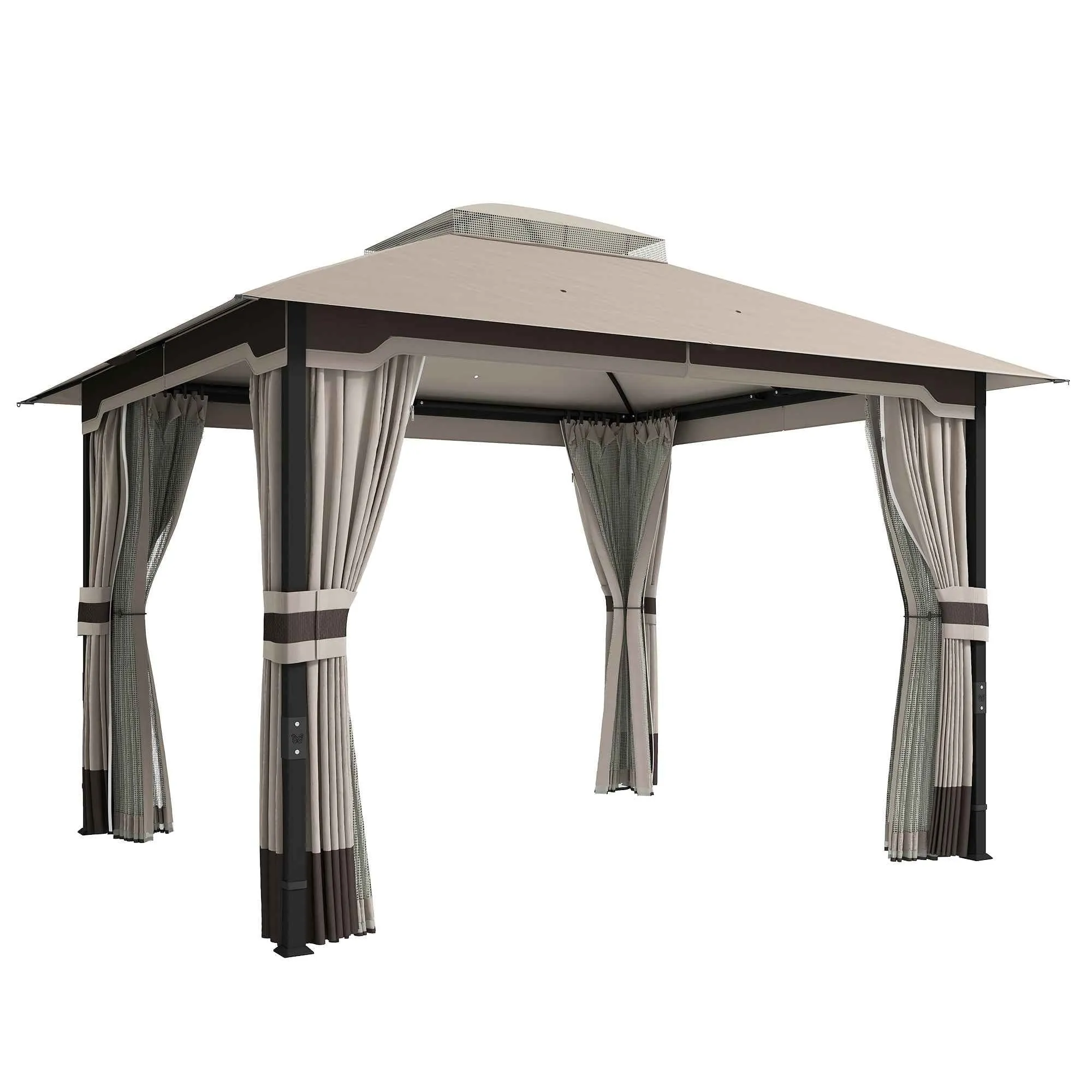 Outsunny Gazebo 3x3.6m with Mosquito Net, Curtains, Double-Layer Roof, Khaki