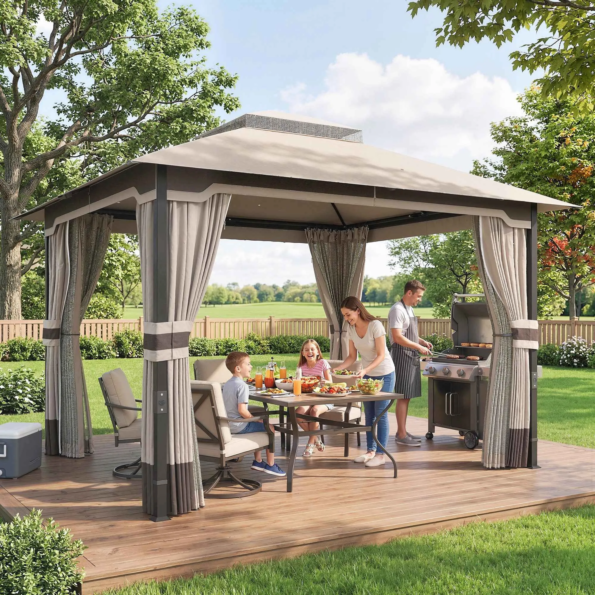 Outsunny Gazebo 3x3.6m with Mosquito Net, Curtains, Double-Layer Roof, Khaki - Image 2