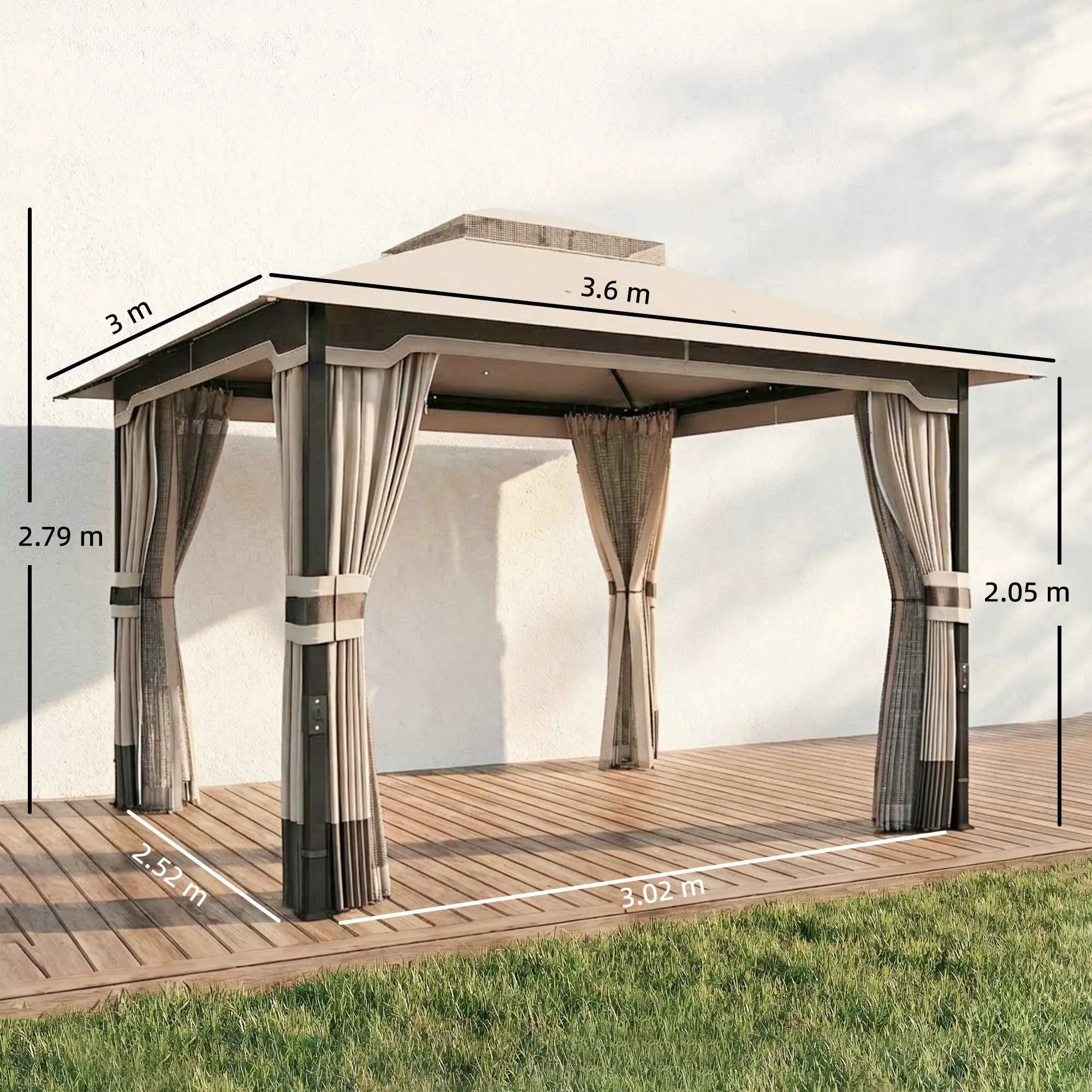 Outsunny Gazebo 3x3.6m with Mosquito Net, Curtains, Double-Layer Roof, Khaki - Image 3