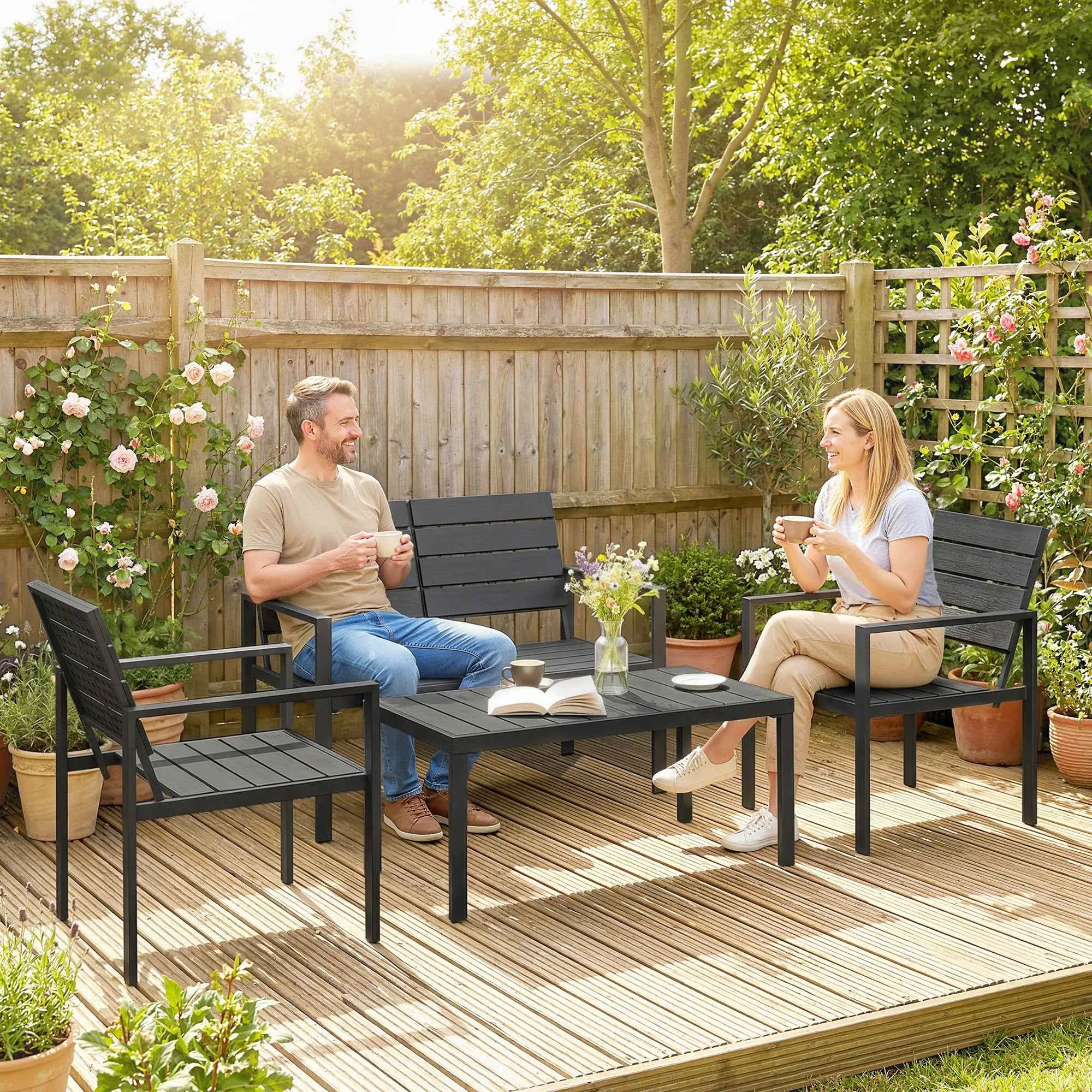 Outsunny 4-Piece Garden Lounge Set with Coffee Table, 2-Seater Sofa, and 2 Chairs, in HDPE and Black Metal - Image 2