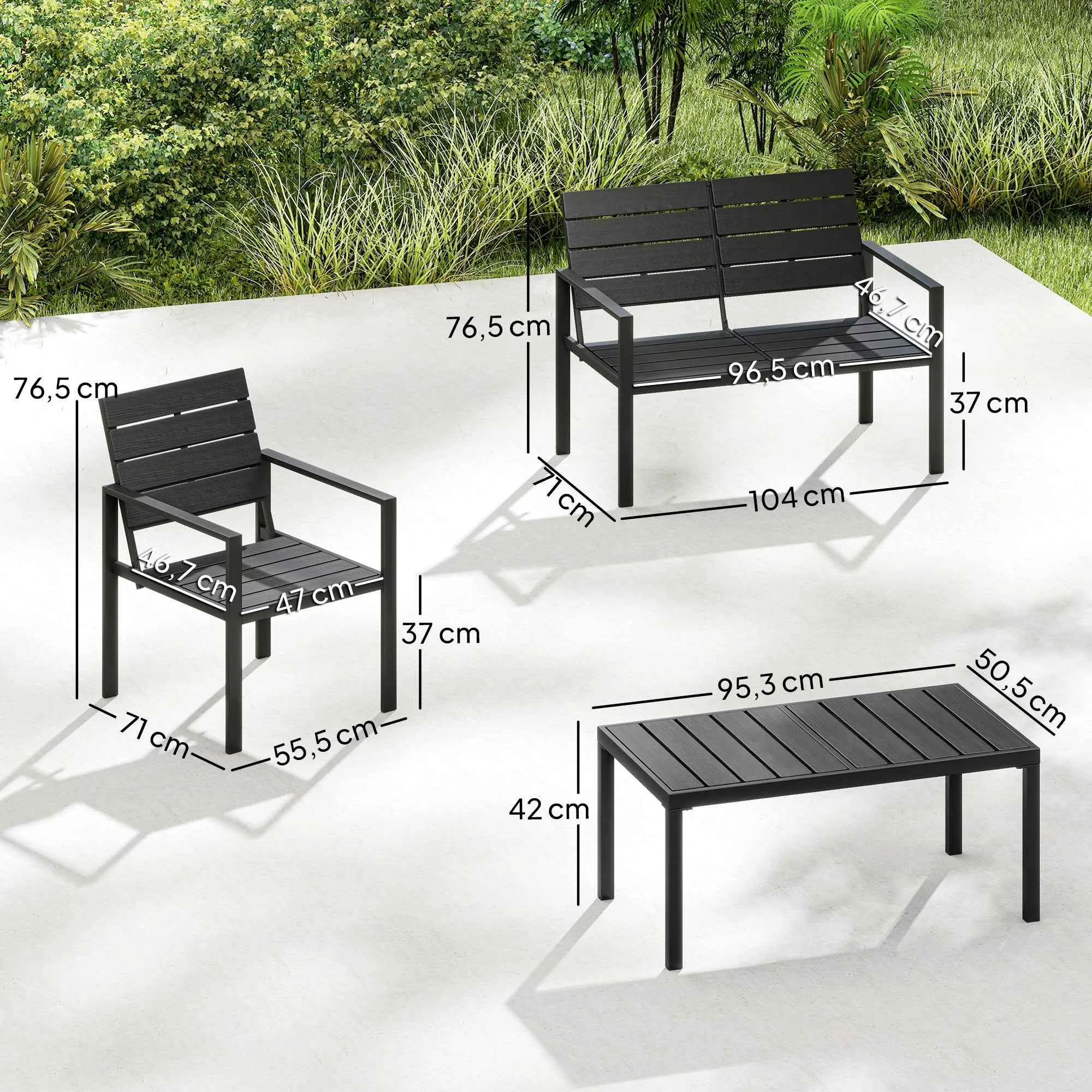 Outsunny 4-Piece Garden Lounge Set with Coffee Table, 2-Seater Sofa, and 2 Chairs, in HDPE and Black Metal - Image 3