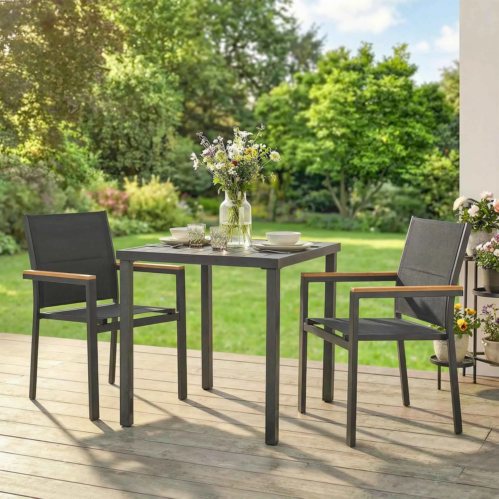 Outsunny Set of 2 Stackable Garden Chairs with Padded Seat and Backrest, Dark Grey - Image 2