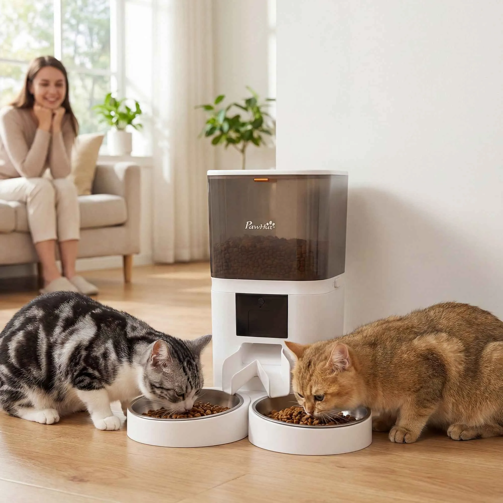 PawHut 6L Automatic Cat Food Dispenser, WiFi 2.4G, App Control with Timer, 1-10 Meals per Day, 10s Recorder, 2 Stainless Steel Bowls - Image 2
