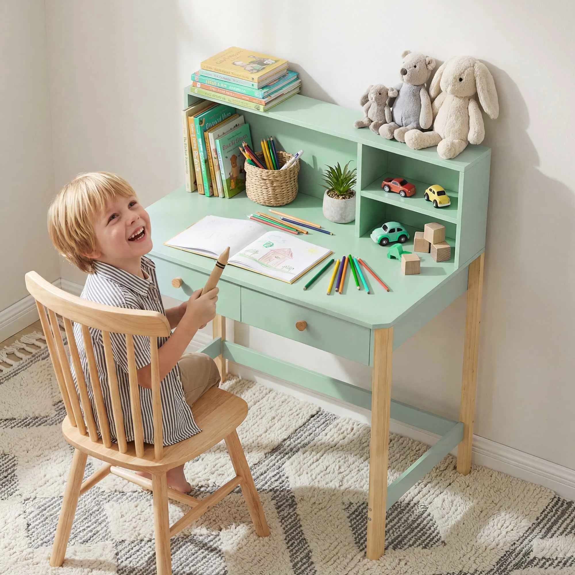Children's Desk for Ages 5-12 with 3 Shelves and 2 Drawers, Wooden, 90x52x105 cm, Green - Image 2