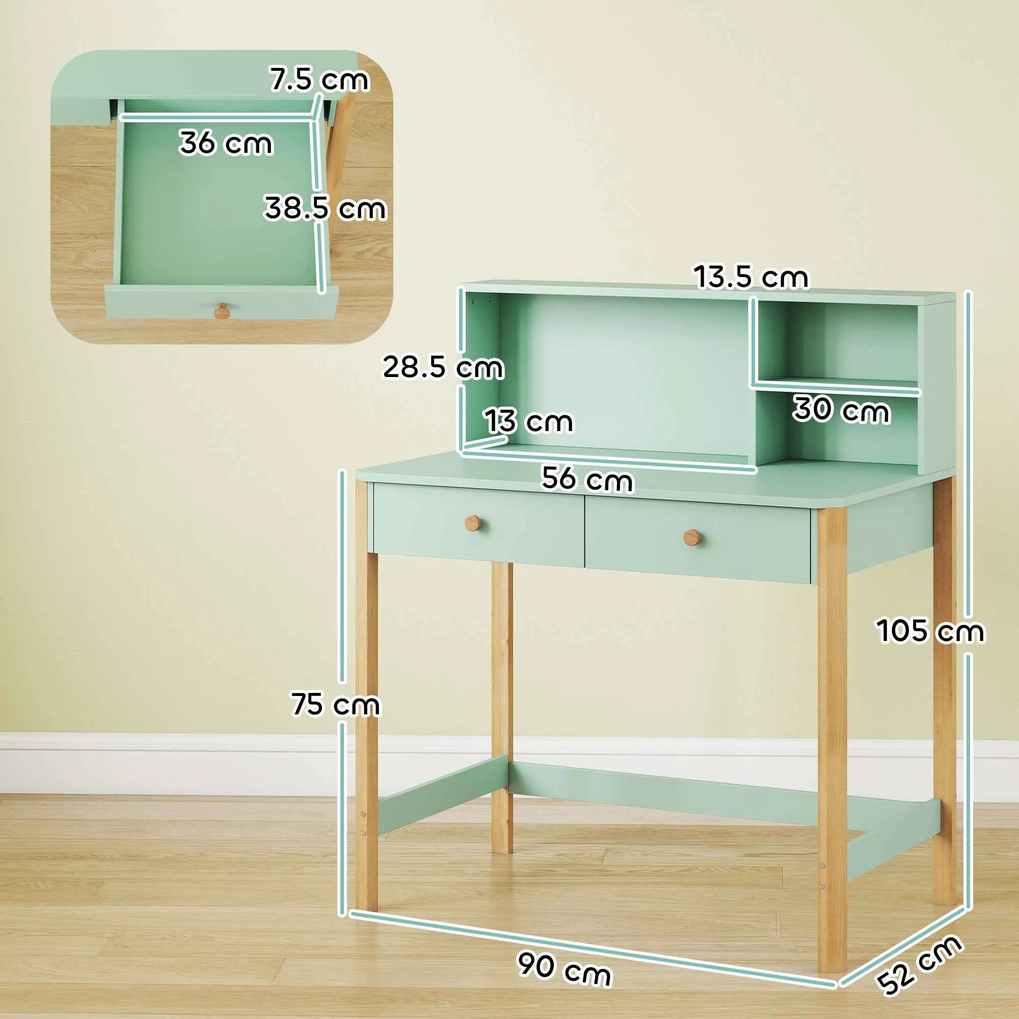 Children's Desk for Ages 5-12 with 3 Shelves and 2 Drawers, Wooden, 90x52x105 cm, Green - Image 3