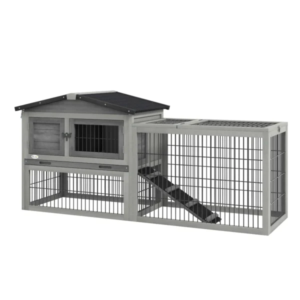 PawHut Outdoor Rabbit Hutch with Ramp, Opening Roof and Tray, Made of Fir Wood, 150x52x68 cm, Light Grey