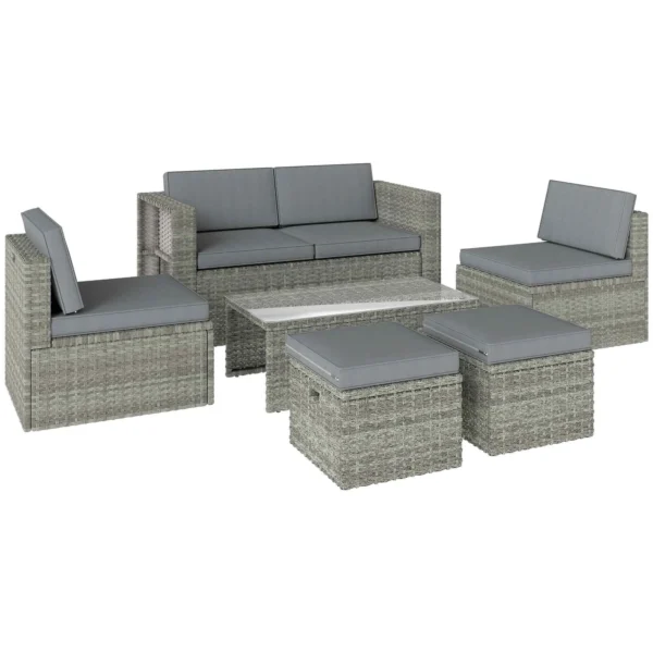 Outsunny 6-Piece Outdoor Set with Sofa, 2 Chairs, Glass-Top Coffee Table, and 2 Ottomans, Dark Grey
