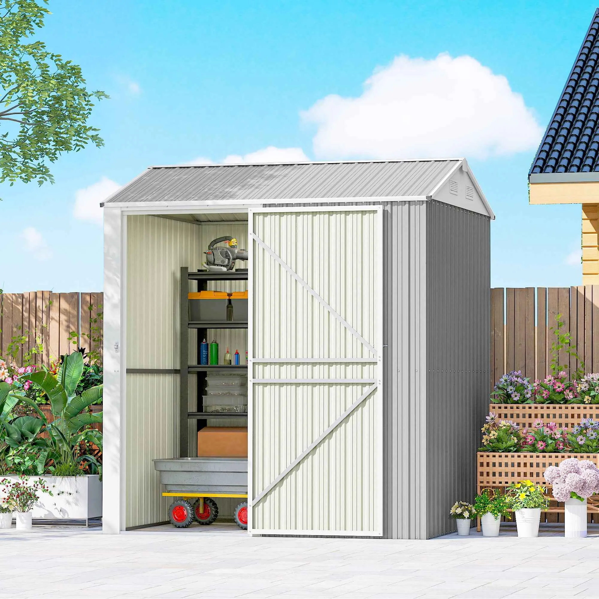 Outsunny 3.51m² Tall Steel Garden Shed with Vents and Lockable Door, 209x177x236cm, Silver - Image 2