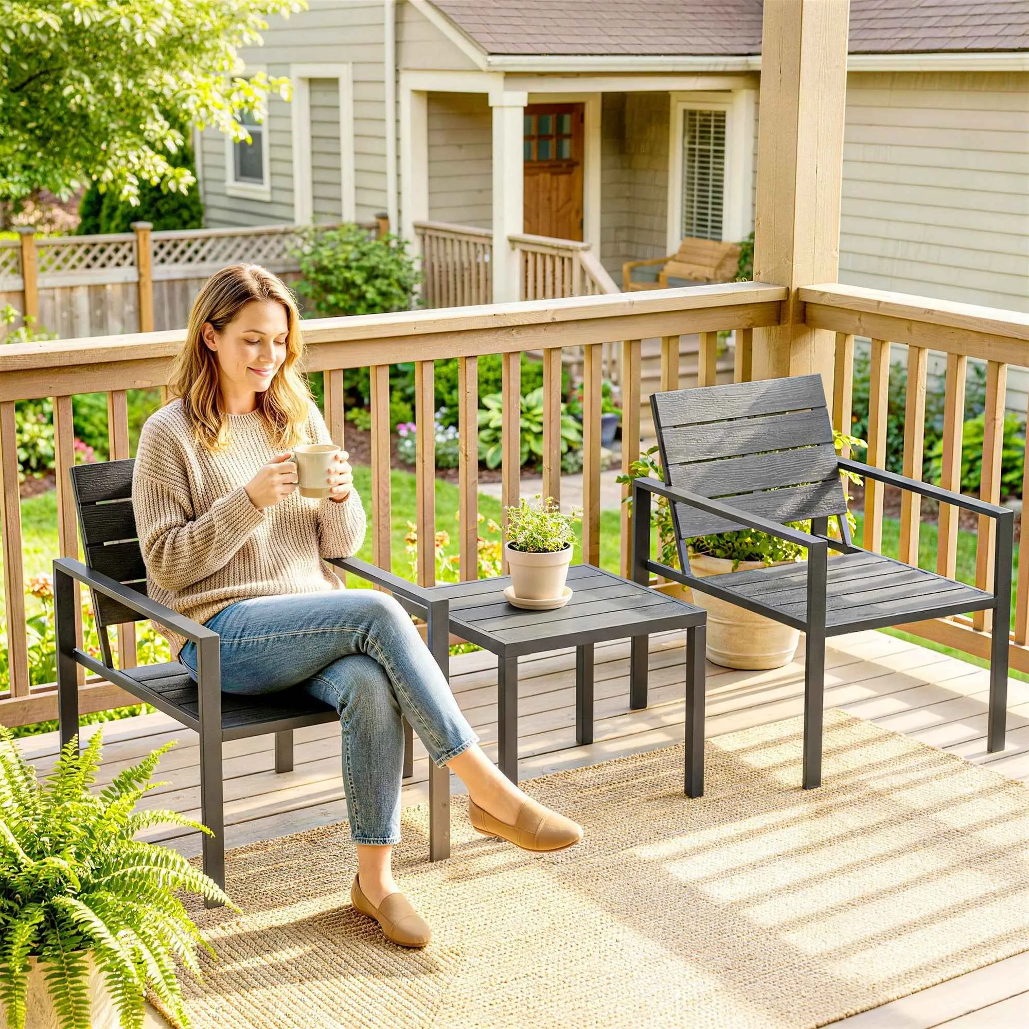Outsunny 3-Piece Garden Set with 2 Outdoor Chairs and Coffee Table, in HDPE and Metal, Dark Grey - Image 2