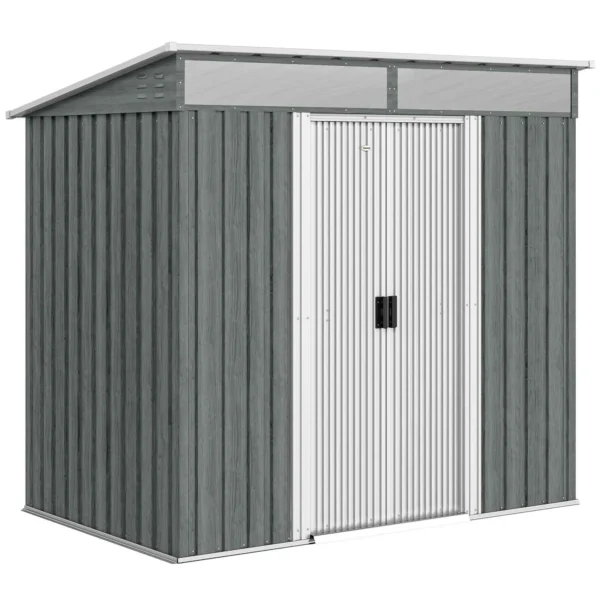 Outsunny Garden Shed with Sliding Doors and Steel Flooring, 195x122x181.5 cm, Light Grey