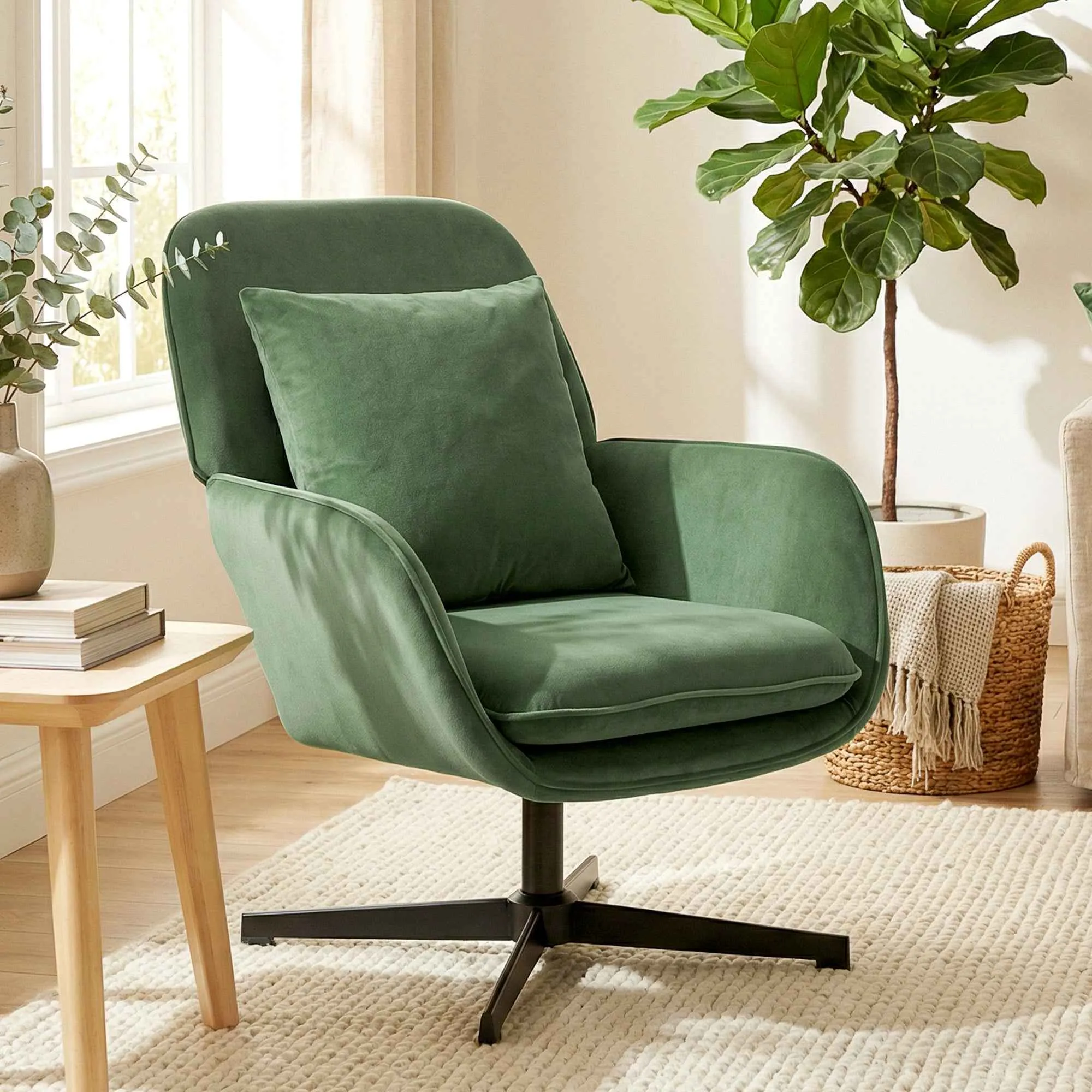 Swivel Lounge Chair with Lumbar Cushion and Velvet Fabric Upholstery, Green - Image 2
