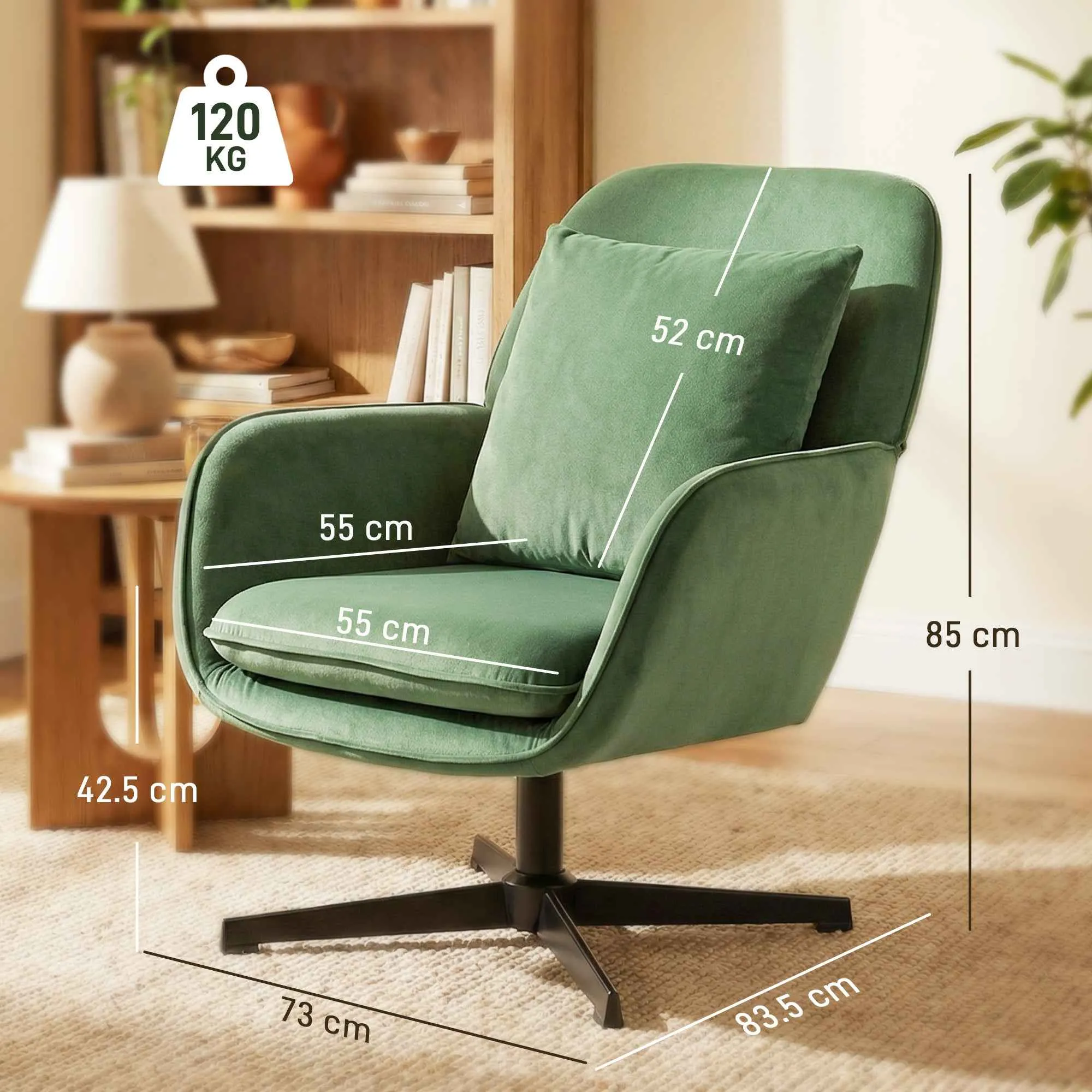 Swivel Lounge Chair with Lumbar Cushion and Velvet Fabric Upholstery, Green - Image 3