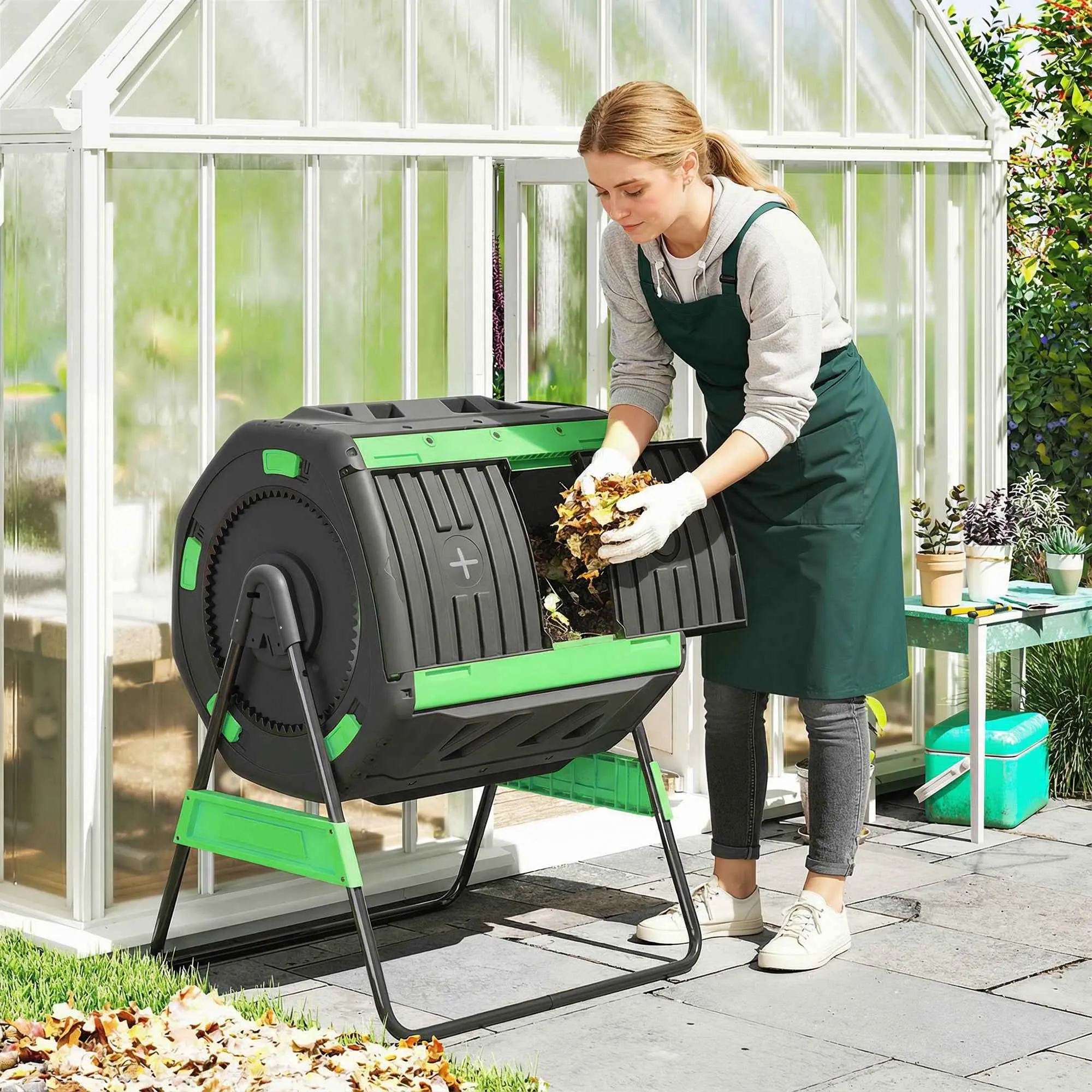 Outsunny 200L Double Chamber Home Composter with 8 Air Vents, PP and Metal, 94x67x98 cm, Green and Black - Image 2