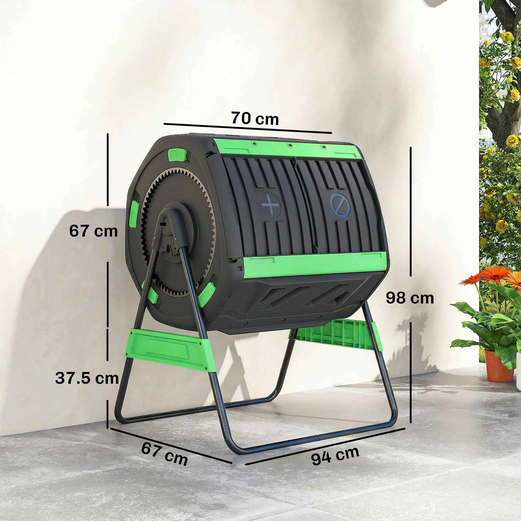 Outsunny 200L Double Chamber Home Composter with 8 Air Vents, PP and Metal, 94x67x98 cm, Green and Black - Image 3