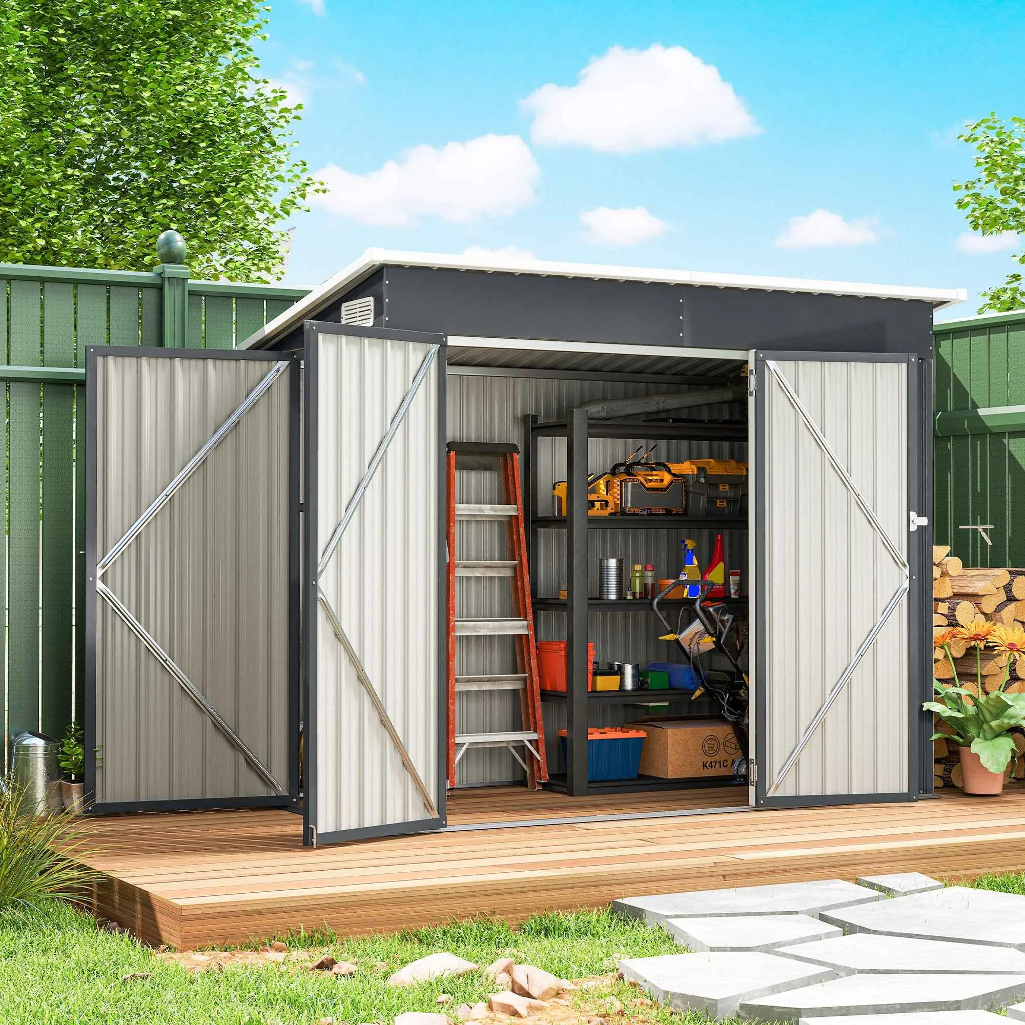 Outsunny Steel Garden Shed with 3 Lockable Doors, 234x132x185 cm, Dark Grey - Image 2