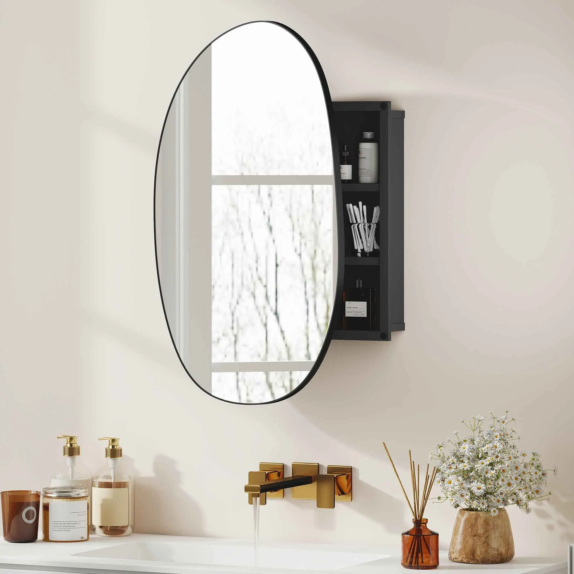 Bathroom Mirror Cabinet with 3 Internal Shelves, in Aluminum and Metal, 61x12x79 cm, Black - Image 2