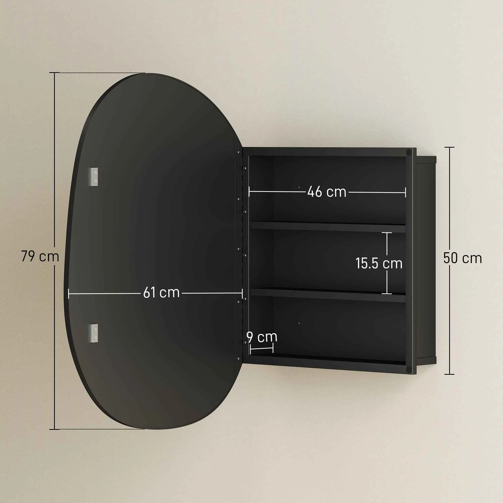 Bathroom Mirror Cabinet with 3 Internal Shelves, in Aluminum and Metal, 61x12x79 cm, Black - Image 3