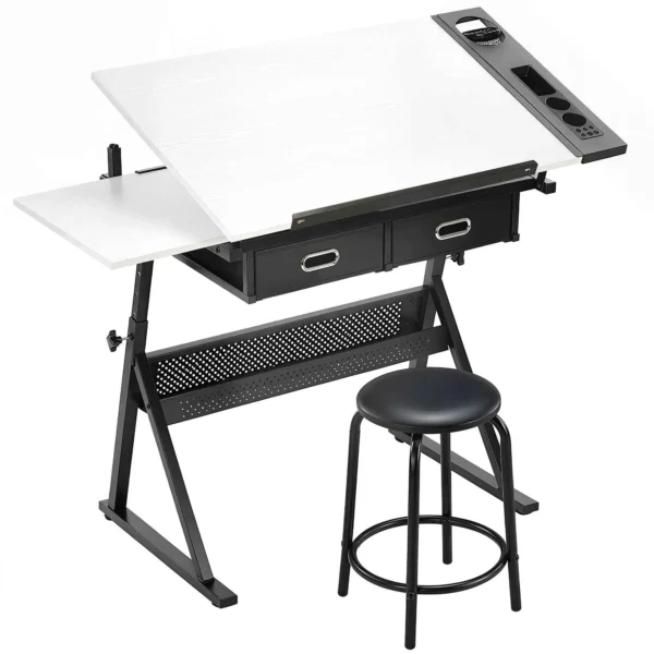 Adjustable Drafting Table, Writing Desk and Stool for Drawing and Working, White